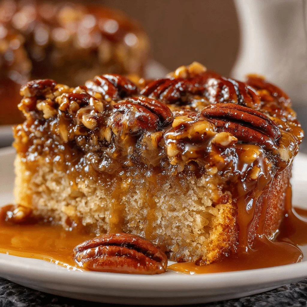 Slice of pecan pie cake drizzled with maple caramel topping on a rustic table.