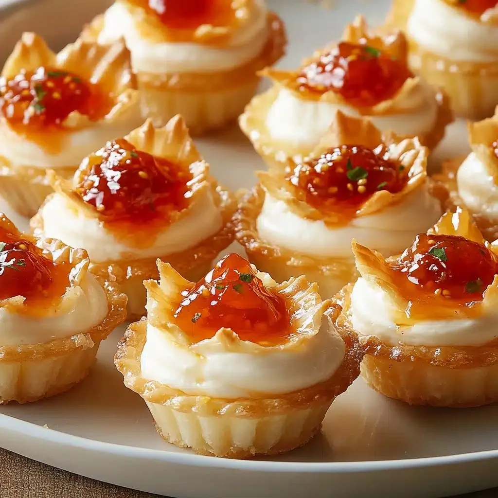 Delicious pepper jelly and cream cheese bites served on a platter as appetizers.