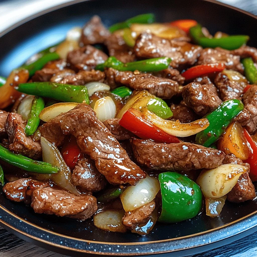 Pepper steak stir fry with onions served in a vibrant bowl