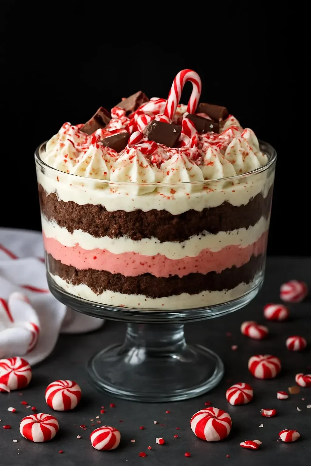 Decadent peppermint brownie trifle layered with chocolate and cream