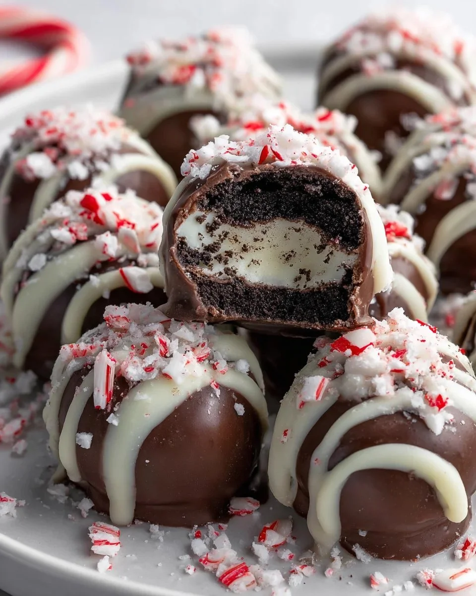 Peppermint Oreo chocolate truffles arranged on a festive plate
