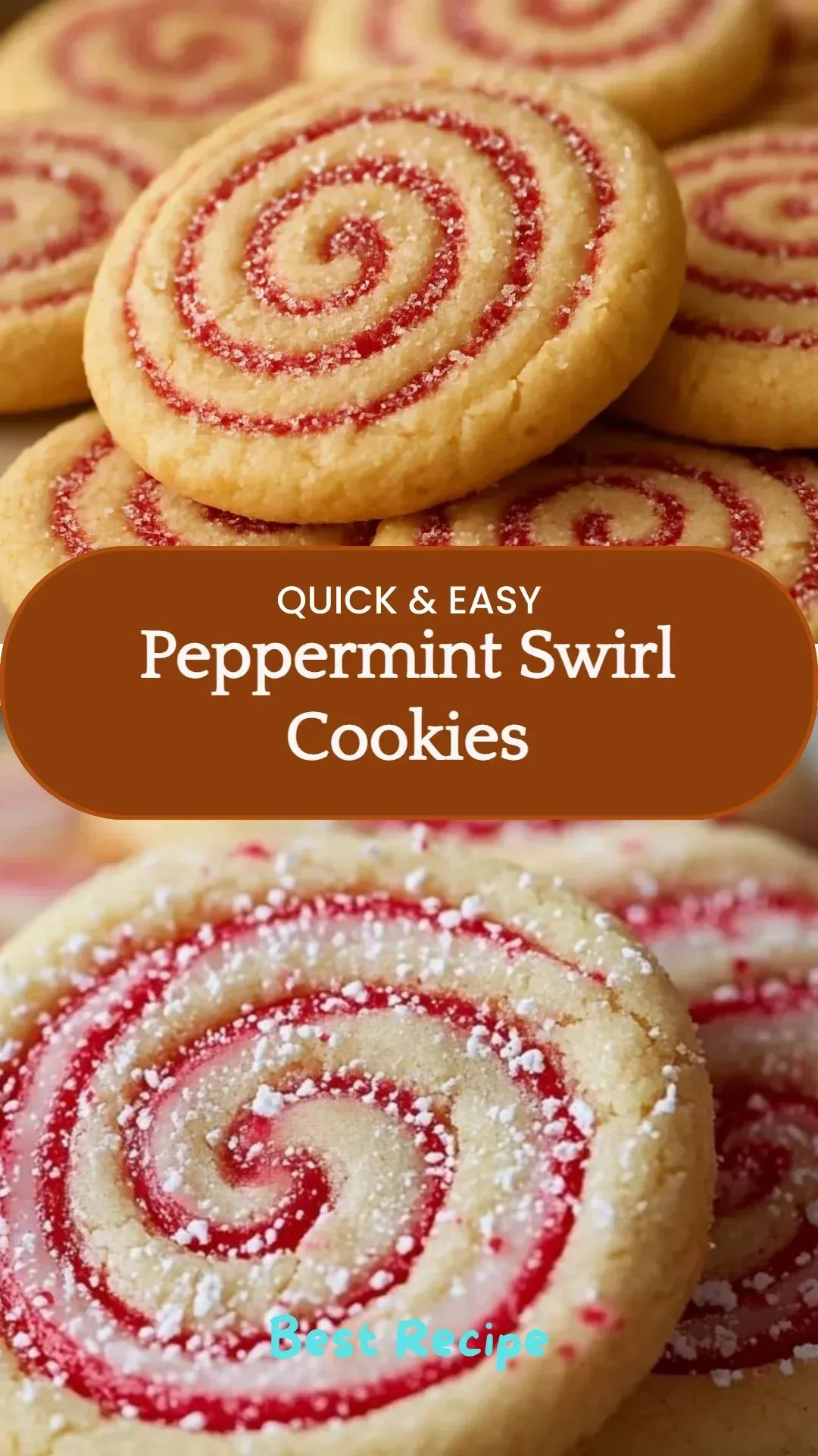 Festive peppermint swirl cookies with red and white swirls on a plate
