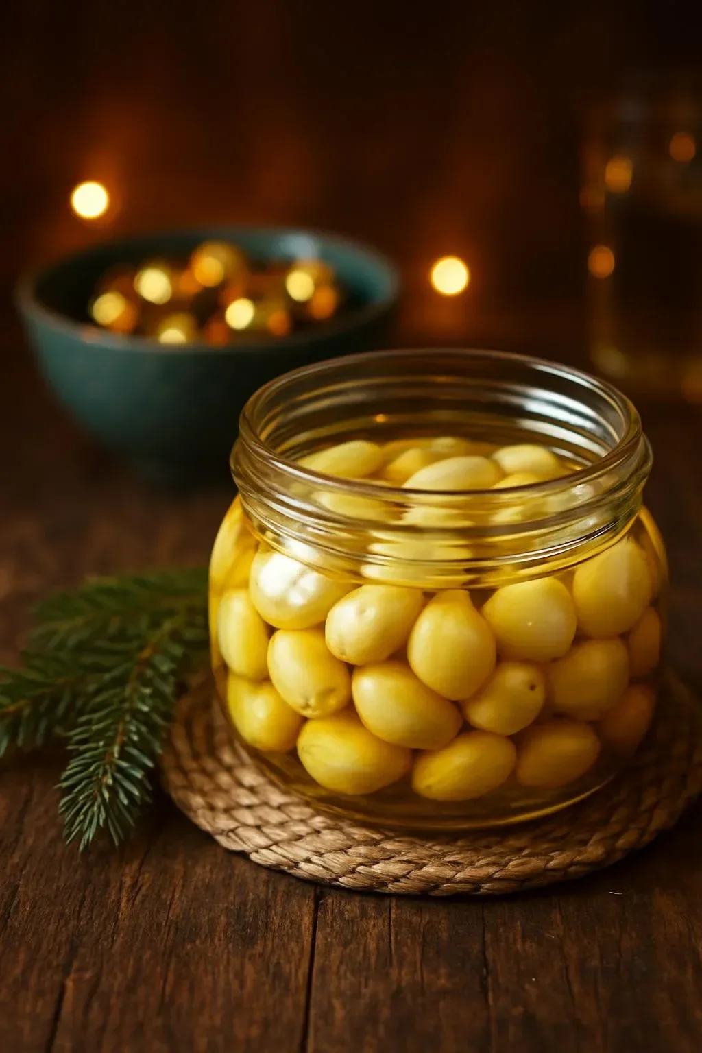 Jar of pickled garlic in olive oil ready to enhance your dishes