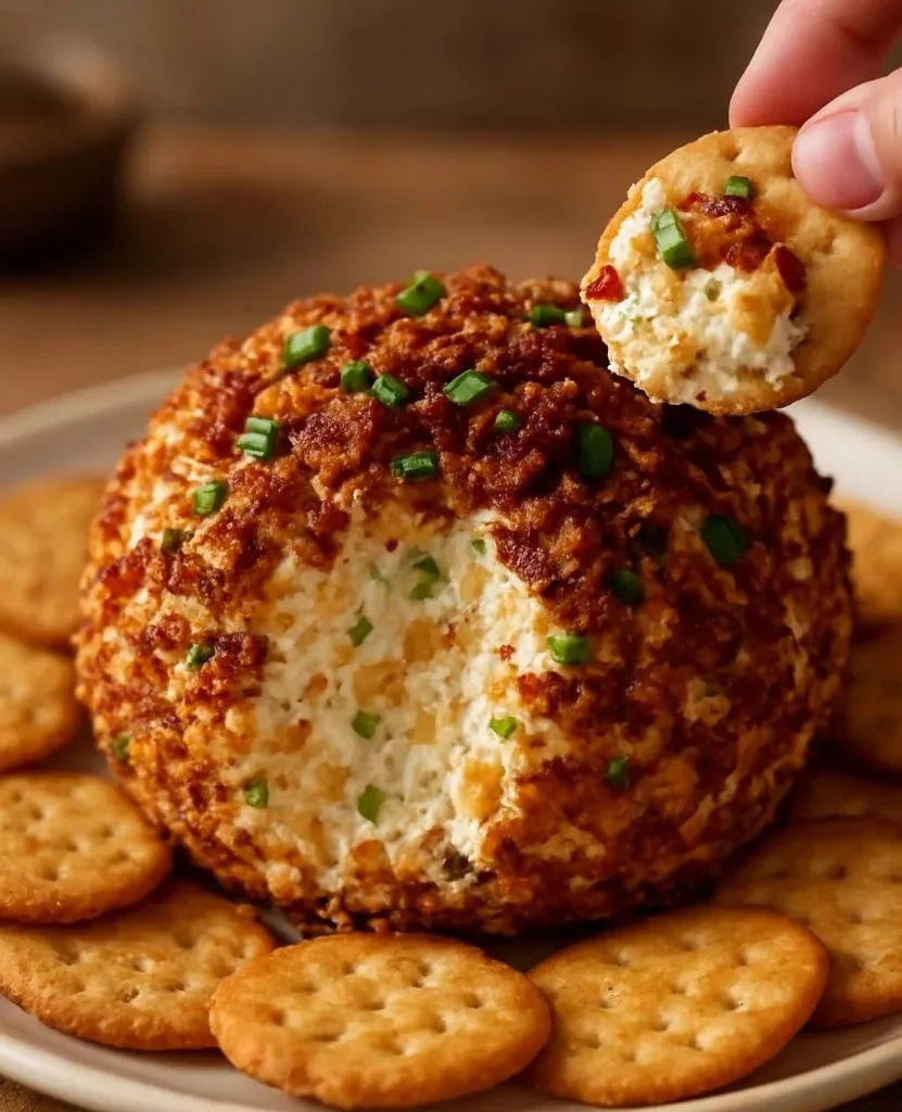 Delicious pineapple cheeseball served with crackers and fruit