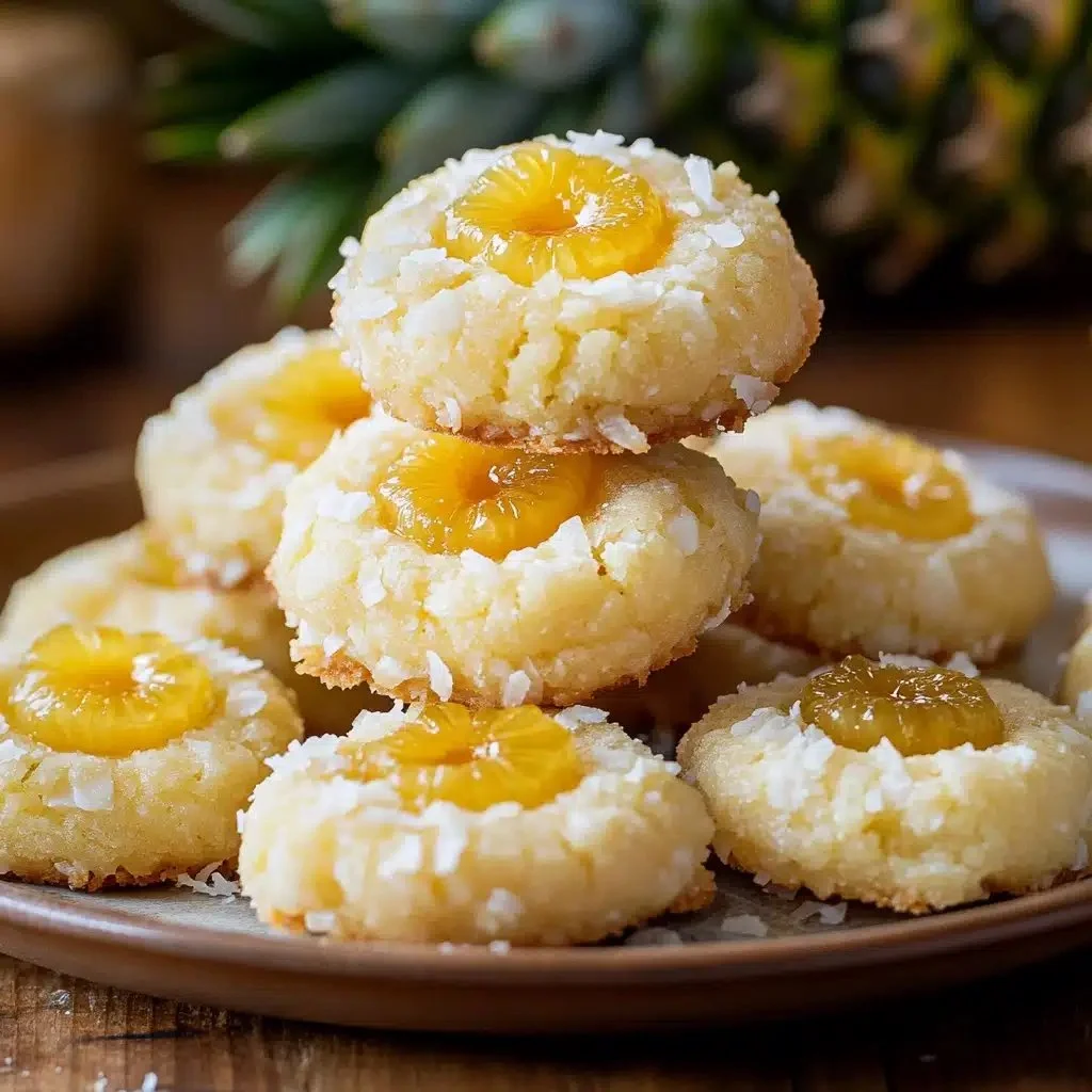 Pineapple Coconut Thumbprint Cookies - Tropical cookie treat with pineapple and coconut.