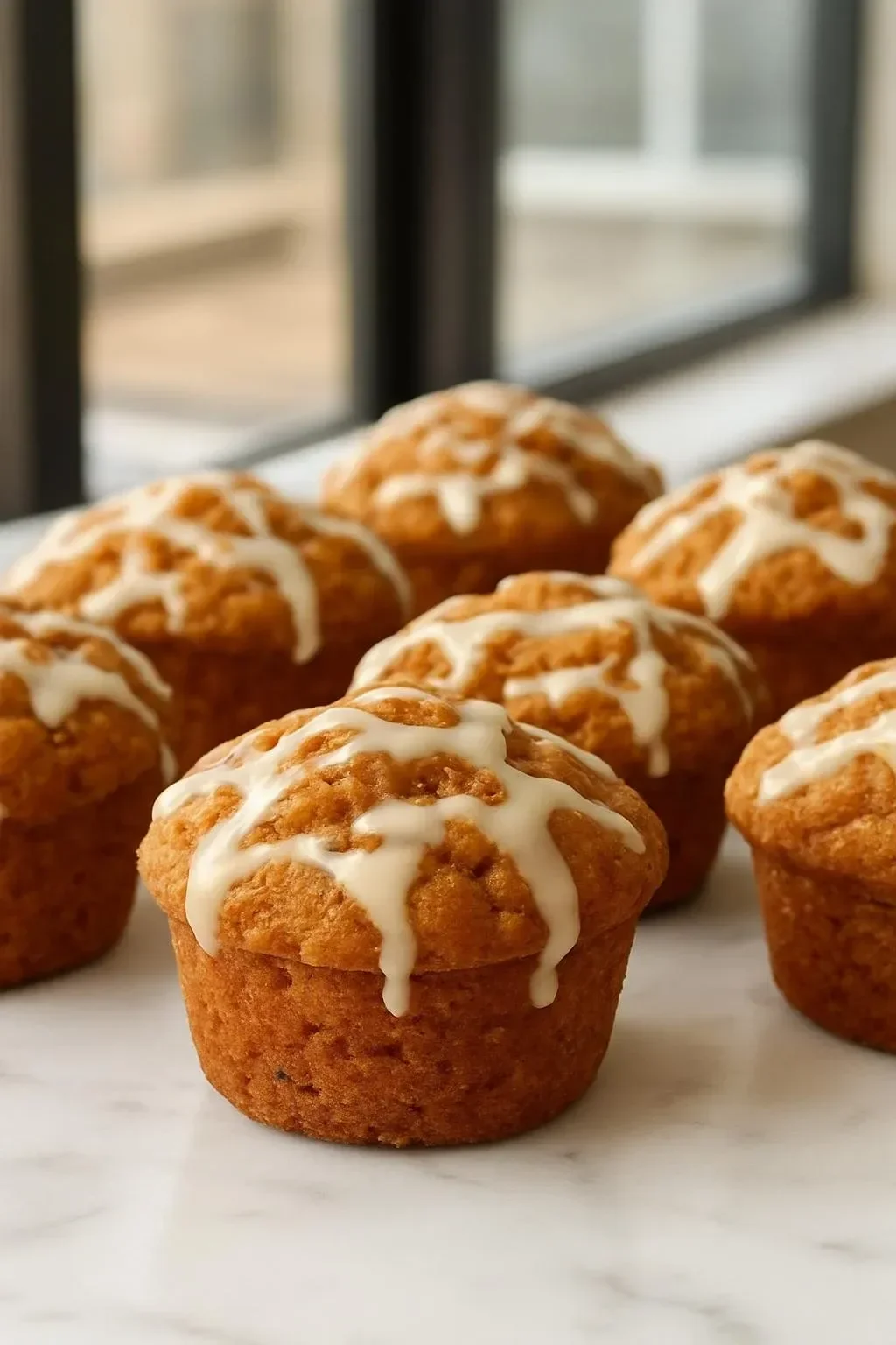 Freshly baked Pumpkin Cream Cheese Muffins on a rustic wooden table.