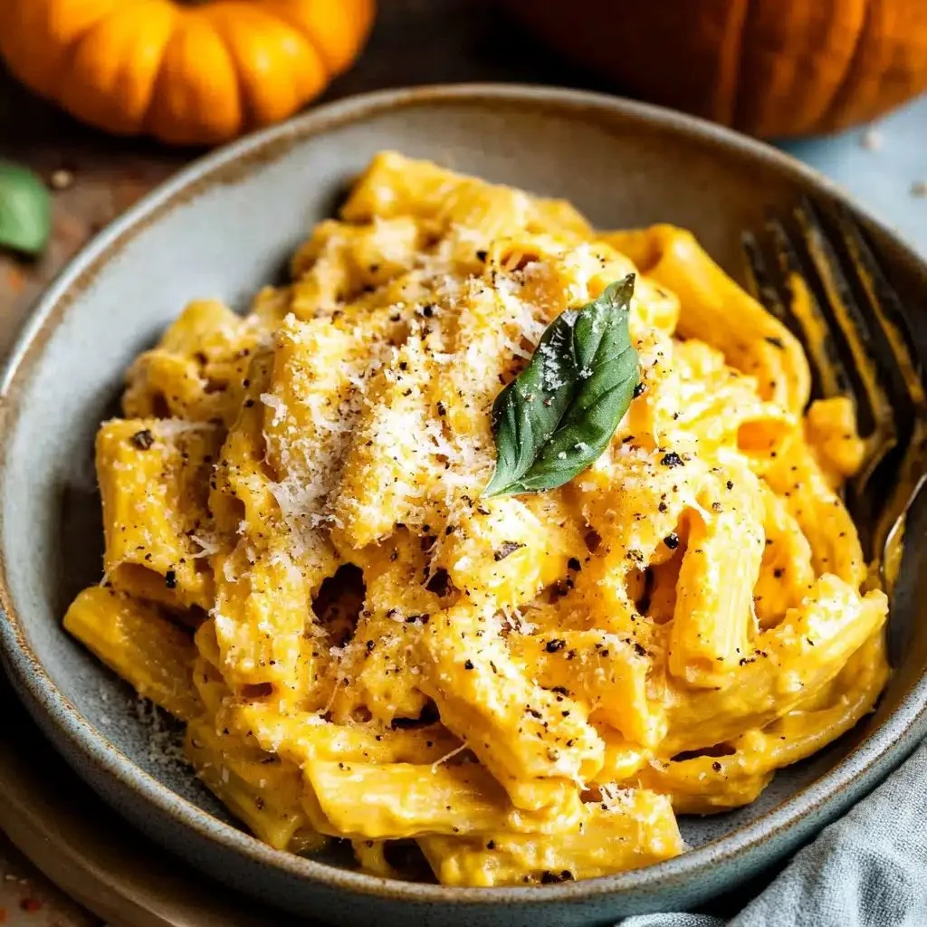 A cozy bowl of pumpkin squash pasta garnished with herbs and parmesan.