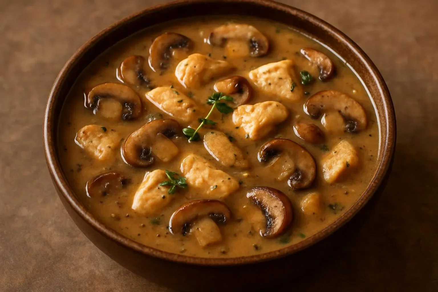 Bowl of quick mushroom soup garnished with herbs and served with bread.