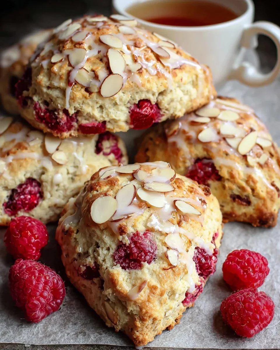 Freshly baked raspberry almond scones on a plate