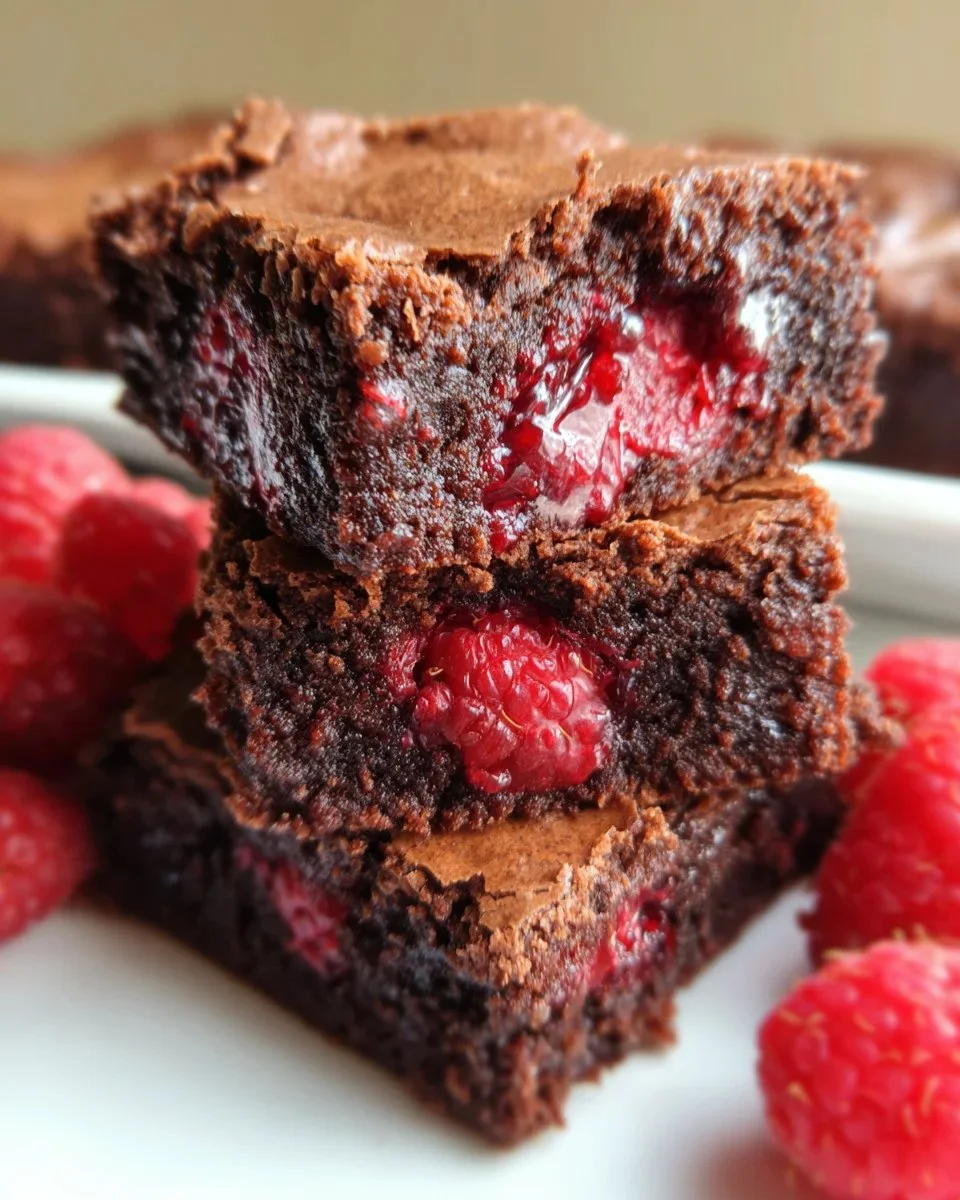 Thick fudgy raspberry brownies served on a plate with fresh raspberries.