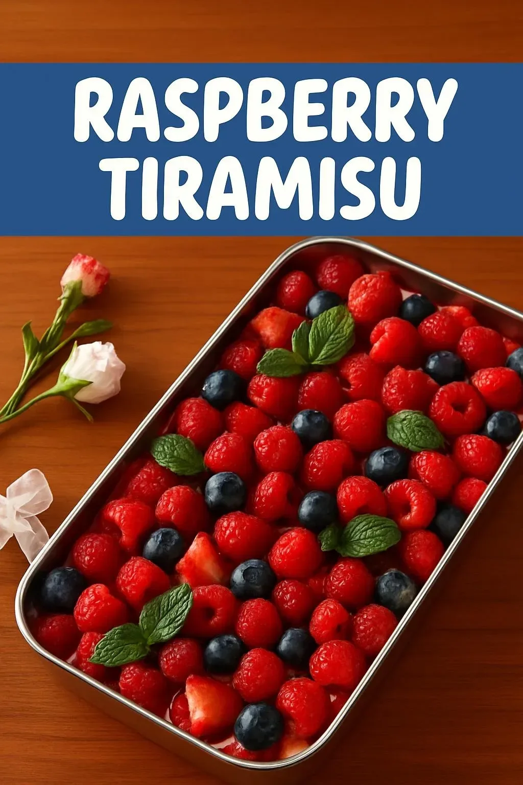 Delicious Raspberry Tiramisu dessert topped with fresh raspberries and cocoa powder.