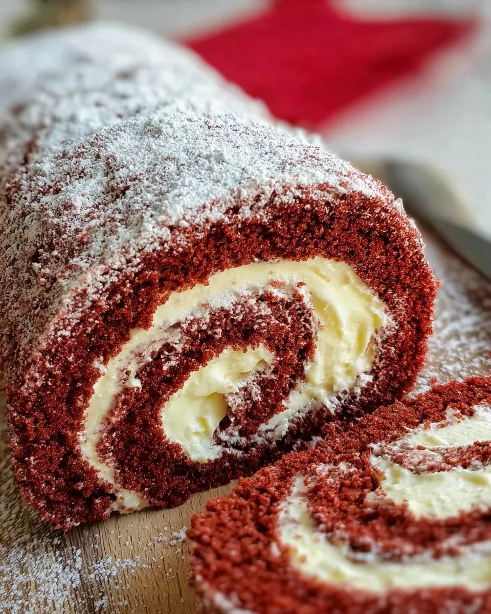Delicious Red Velvet Cake Roll with cream cheese frosting on a white plate