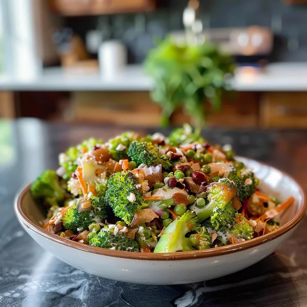A bowl of refreshing broccoli salad with colorful vegetables and dressing