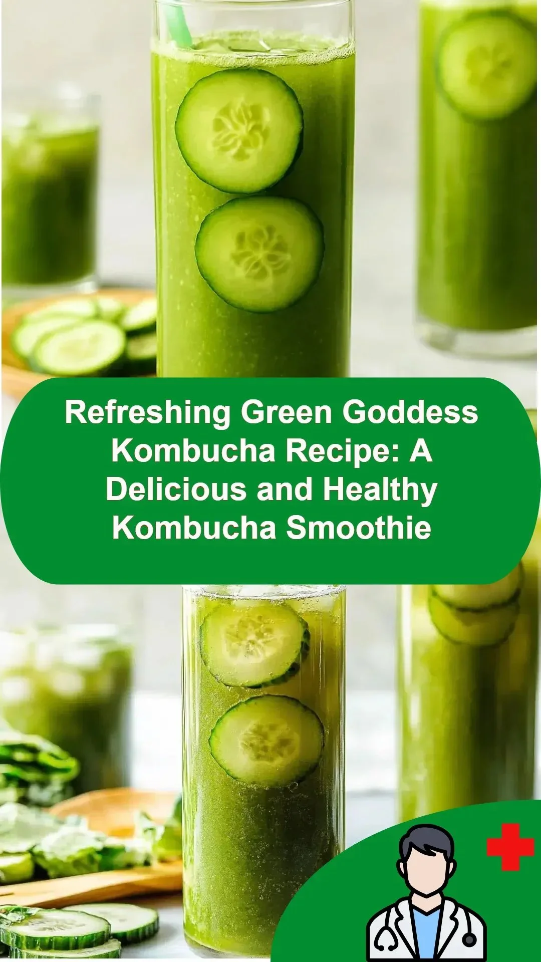 Refreshing Green Goddess Kombucha smoothie in a glass with greens and fruits.