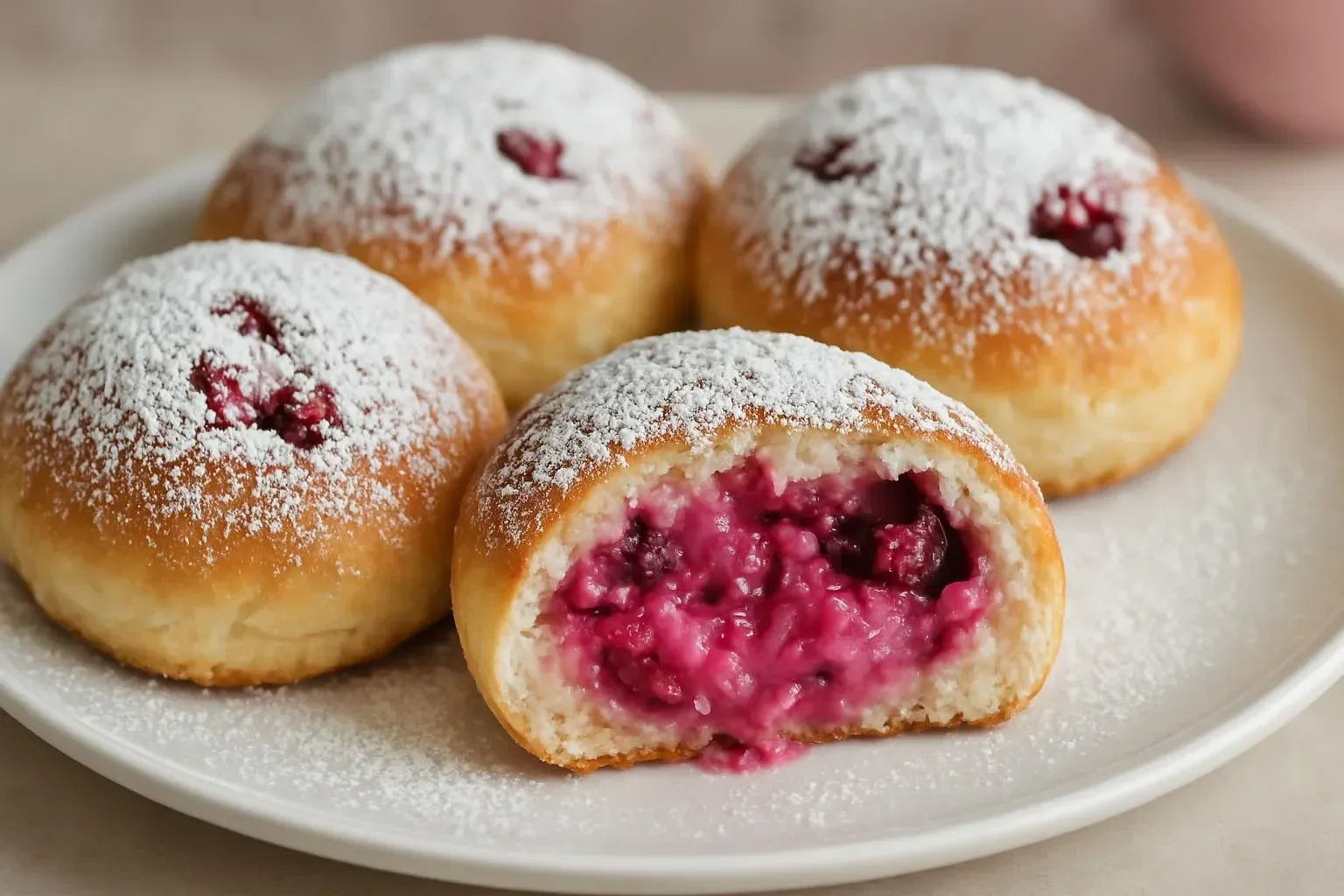 Delicious rhubarb cheesecake bombs topped with fresh fruit and cream