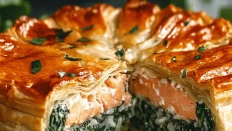 Delicious rice and spinach puff pastry salmon cake elegantly presented on a plate.