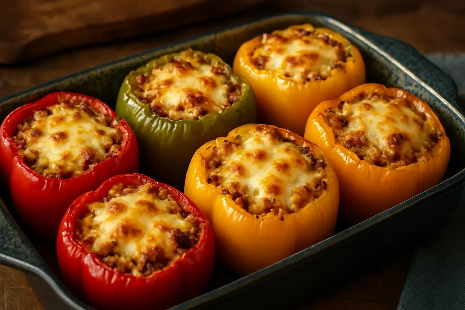 Roasted Italian stuffed peppers filled with turkey, rice, and asiago cheese