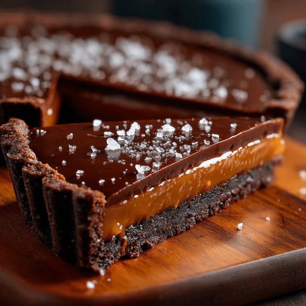 Delicious Salted Caramel Chocolate Tart garnished with sea salt