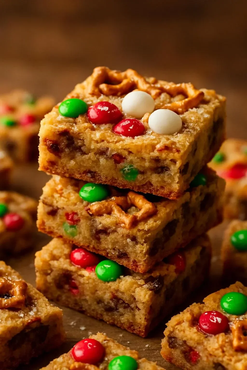Santa's Trash Cookie Bars loaded with candies and chocolate on a festive plate