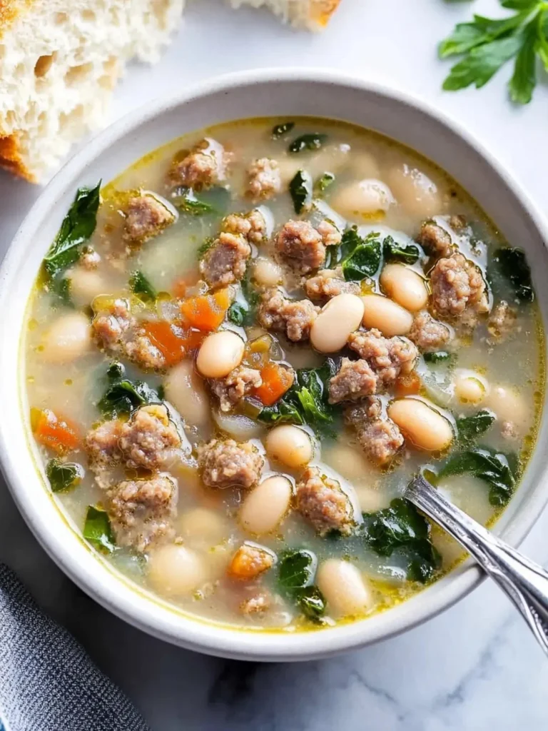 Delicious Sausage and White Bean Soup served in a bowl, garnished with herbs