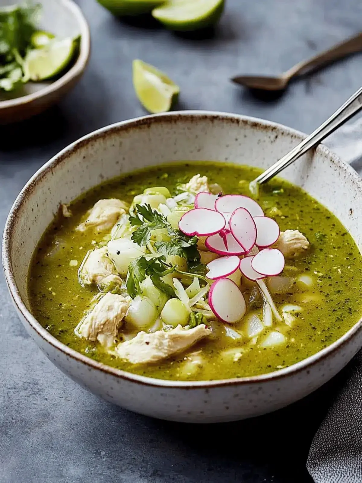Bowl of homemade Chicken Pozole Verde garnished with fresh ingredients