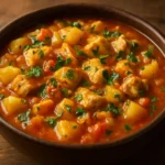 Delicious bowl of traditional Spanish fish stew with fresh seafood and spices