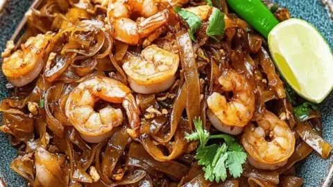 Delicious plate of Char Kway Teow garnished with prawns and bean sprouts