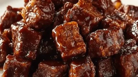 Delicious sticky beef bites glazed for flavor and tenderness