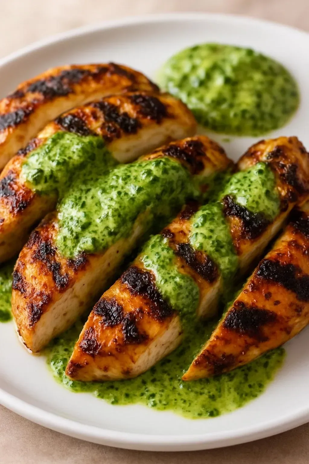 Delicious Green Goddess Grilled Chicken garnished with fresh herbs