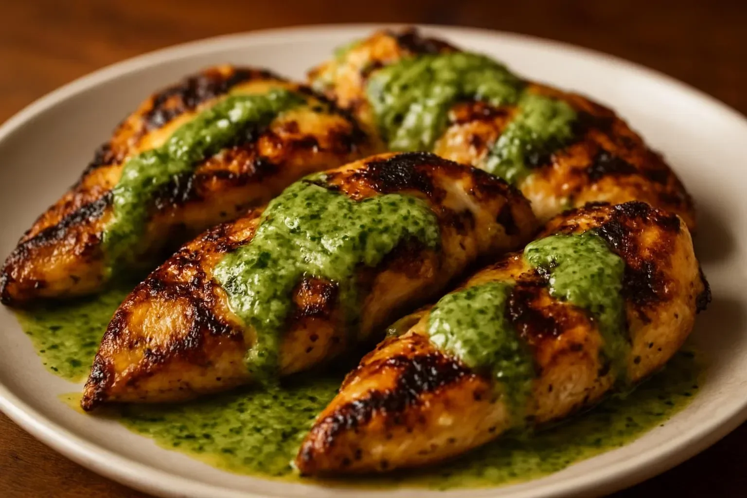 Savory Green Goddess Grilled Chicken garnished with fresh herbs and vibrant greens