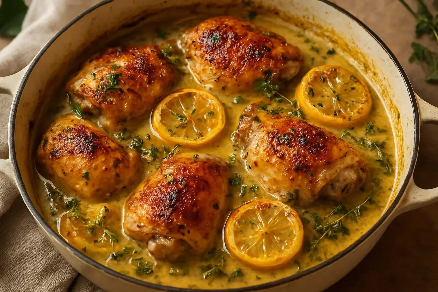 Succulent herb roasted chicken served in creamy white wine sauce