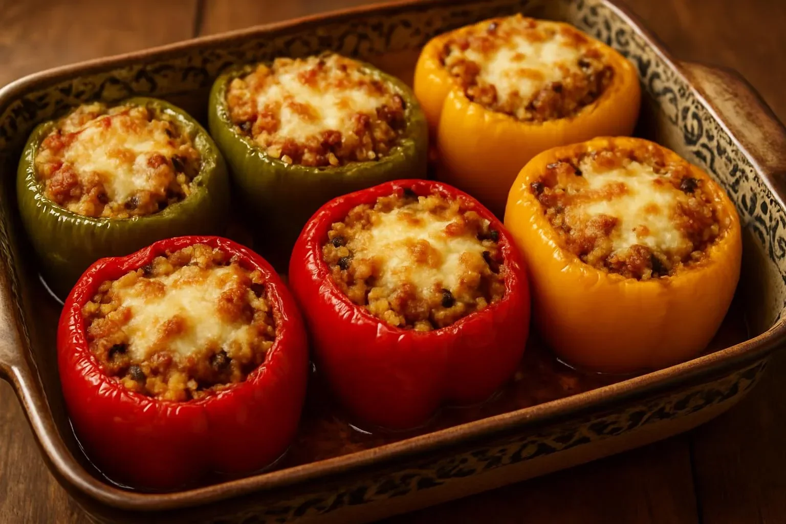 Savory roasted Italian stuffed peppers with turkey, rice, and asiago cheese