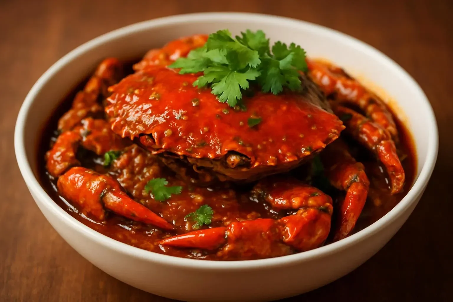 Delicious Singaporean Chilli Crab served with bread and garnished with herbs
