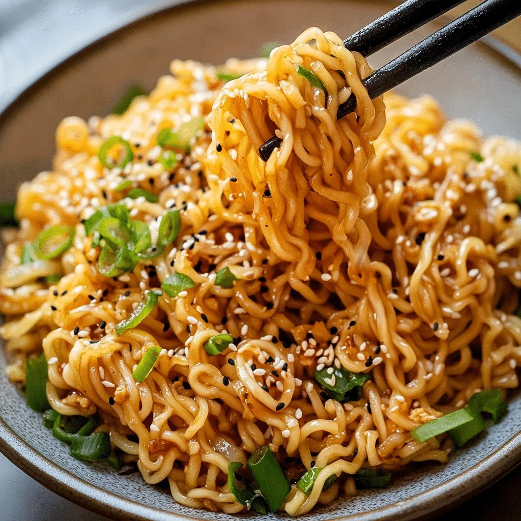 Bowl of Sesame Garlic Ramen Noodles garnished with fresh herbs and sesame seeds