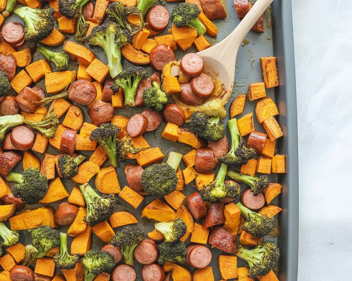 Sheet Pan Honey Garlic Sausage with Sweet Potatoes Delight ready to serve