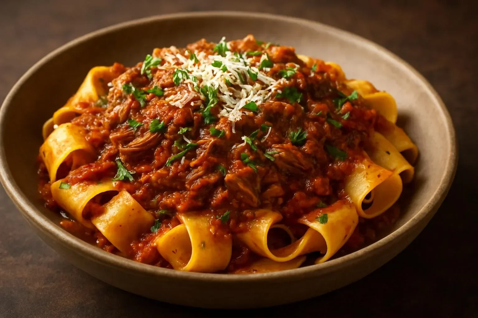 Slow Cooker Beef Ragu served over pappardelle pasta