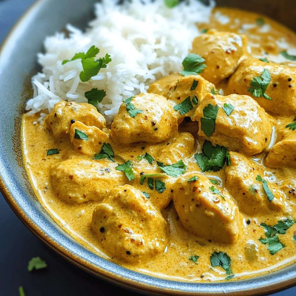 Bowl of slow cooker chicken korma with coconut sauce garnished with cilantro
