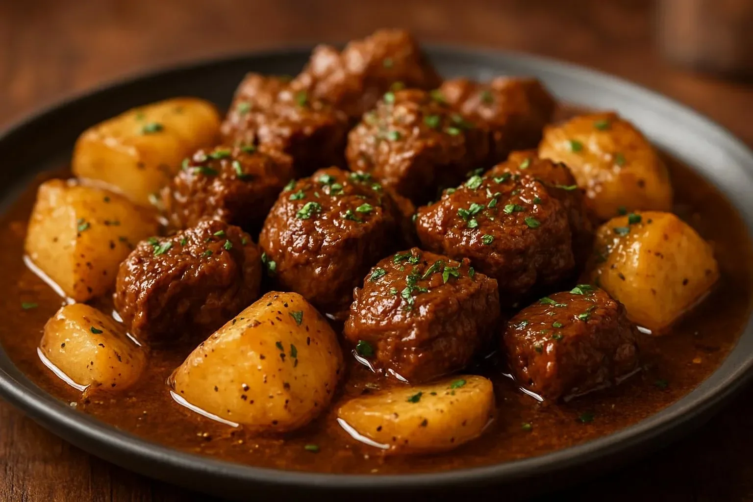 Slow cooker garlic butter beef bites with potatoes served deliciously