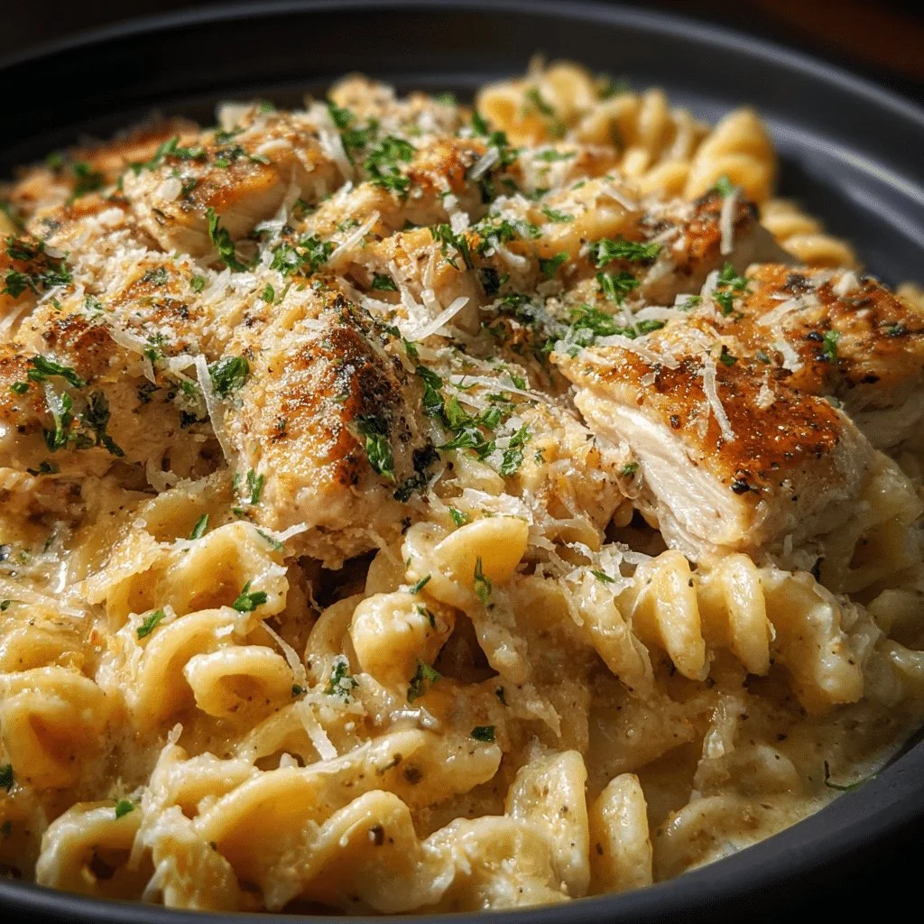 Slow Cooker Garlic Parmesan Chicken Pasta served in a bowl with creamy sauce and herbs