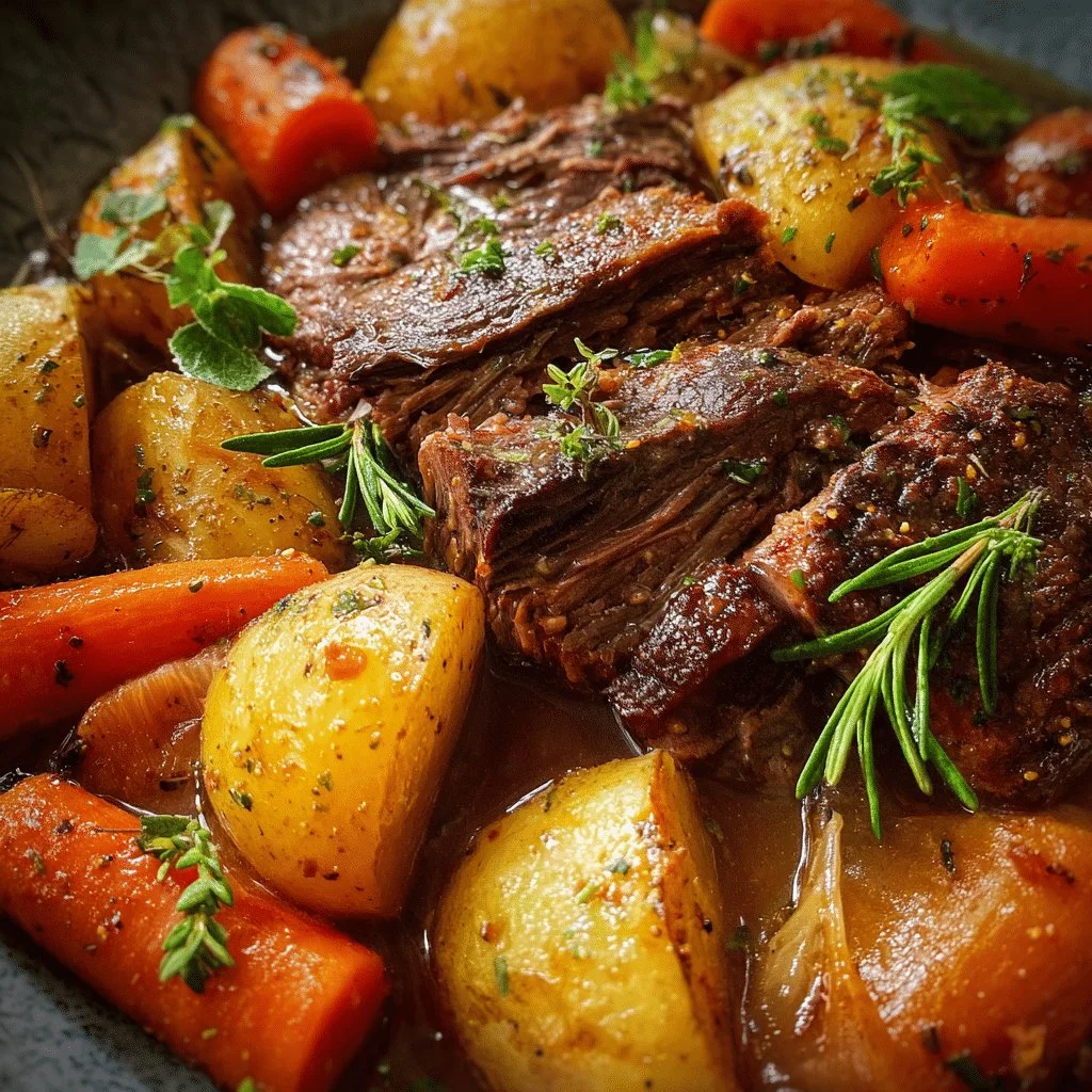 Delicious slow cooker pot roast with tender vegetables and rich gravy.