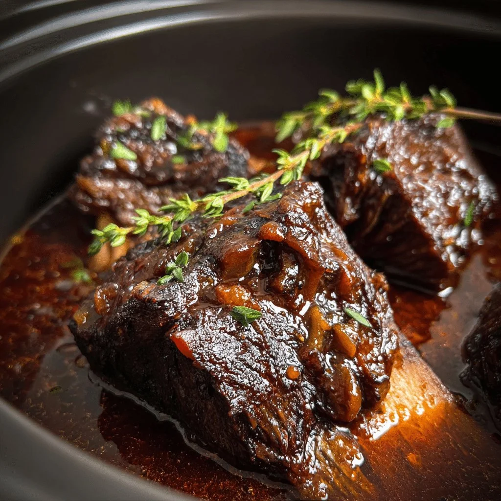 Delicious slow cooker short ribs in red wine sauce served on a plate.
