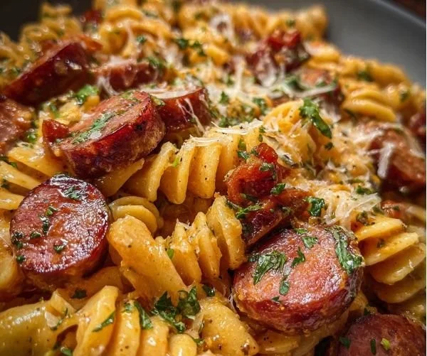 Plate of smoked sausage pasta with colorful vegetables and herbs