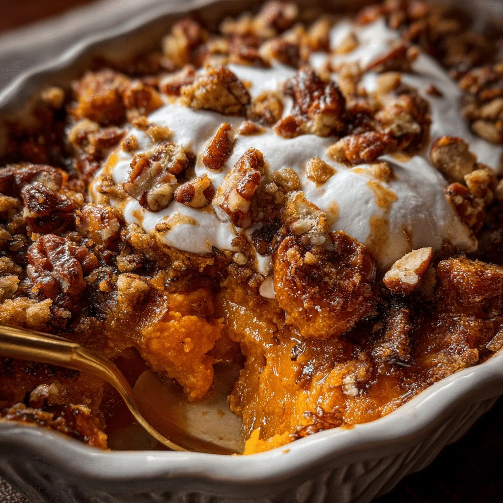 Delicious Southern Maple Sweet Potato Casserole topped with marshmallows and pecans