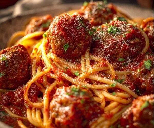 Plate of spaghetti and meatballs with marinara sauce and fresh basil
