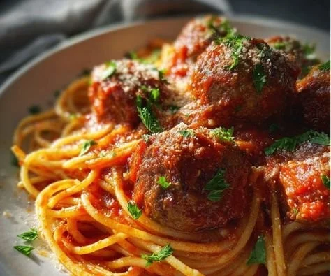 Plate of spaghetti and meatballs garnished with parsley and grated cheese.