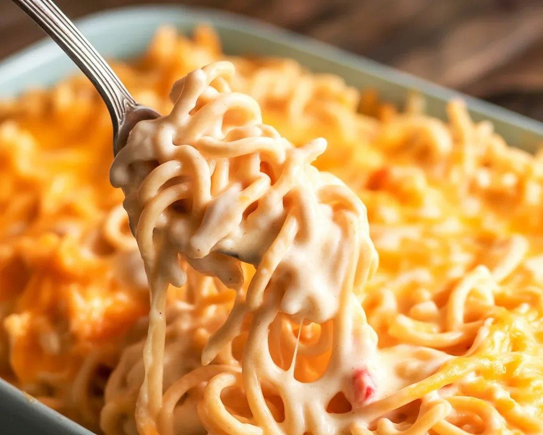 Cheesy Southern Chicken Spaghetti Casserole with melted cheese and tender chicken
