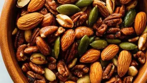 A bowl of spicy roasted nuts, ideal for party snacks and irresistible flavor.