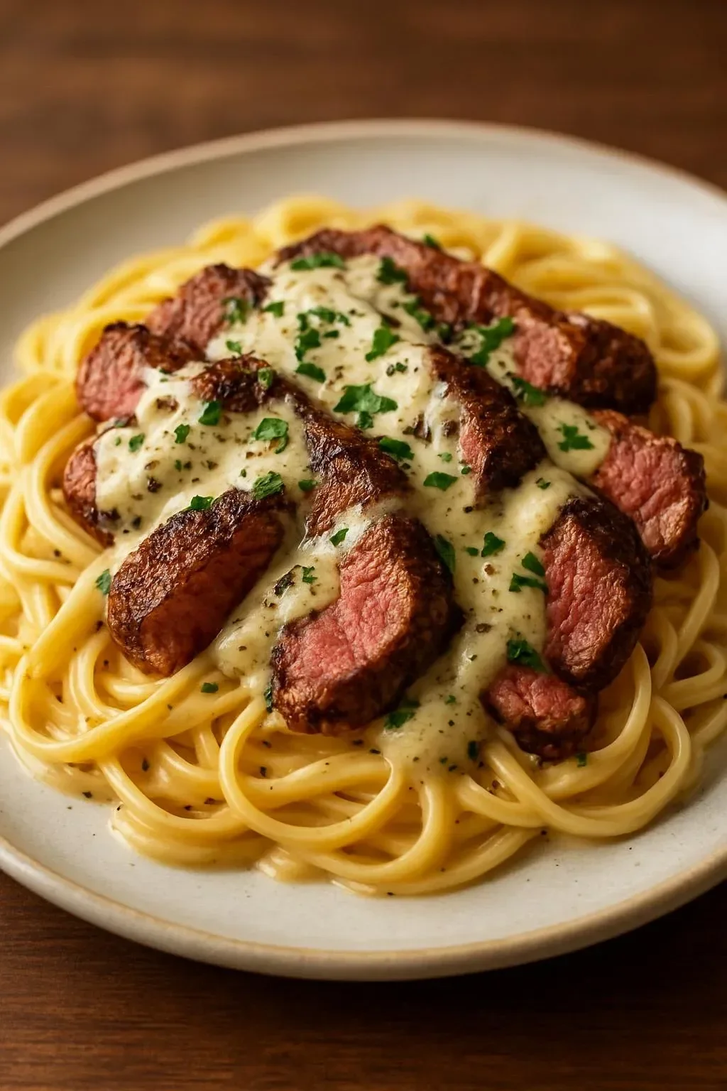 Delicious Steak Gorgonzola Alfredo served on a plate with creamy sauce and herbs.