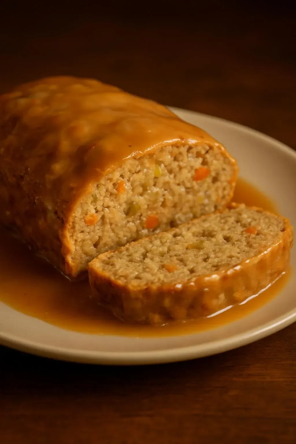 Stuffing-filled turkey meatloaf ready to serve on a plate.
