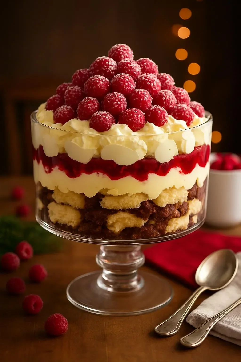 Stunning Christmas Trifle dessert layered with cake, fruit, and cream.